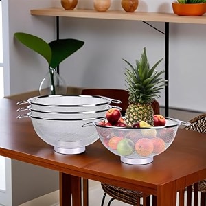 heart home fruit basket  stainless steel vegetables strainer  multipurpose fruit basket  colander basket for pasta-noodles-grains  mesh basket with handle  9 inch  silver