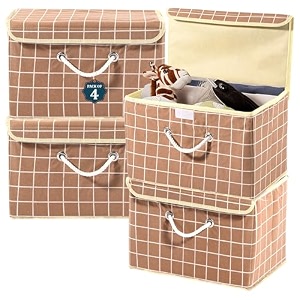 heart home pack of 4 multipurpose storage box for wardrobe with lid amp handle  large space-saving container boxes for storage clothes - ideal for bathroom amp kitchen  check print - brown