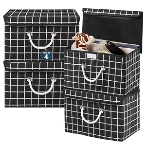 heart home pack of 4 multipurpose storage box for wardrobe with lid amp handle  large space-saving container boxes for storage clothes - ideal for bathroom amp kitchen  check print - black