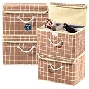 Heart Home Pack of 4 Multipurpose Storage Box For Wardrobe With Lid &amp; Handle | Large Space-Saving Container Boxes For Storage Clothes - Ideal For Bathroom &amp; Kitchen | Check Print - Brown