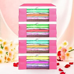 heart home pack of 12 saree covers  foldable storage bag for almirah amp wardrobe  non-woven saree bags 9 inch clothes bag for women white piping sari cover bags  pink