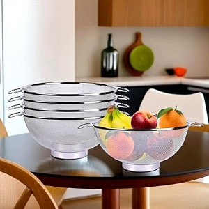 heart home fruit basket  stainless steel vegetables strainer  multipurpose fruit basket  colander basket for pasta-noodles-grains  mesh basket with handle  9 inch  silver