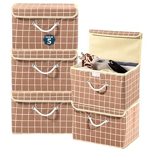 heart home pack of 5 multipurpose storage box for wardrobe with lid amp handle  large space-saving container boxes for storage clothes - ideal for bathroom amp kitchen  check print - brown