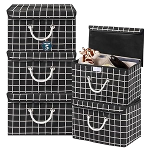 heart home pack of 5 multipurpose storage box for wardrobe with lid amp handle  large space-saving container boxes for storage clothes - ideal for bathroom amp kitchen  check print - black