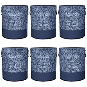 heart home pack of 6 foldable laundry basket for clothes  non-woven round laundry basket  washing clothes storage basket  toy storage organizer  45 ltr  flower-print  navy blue