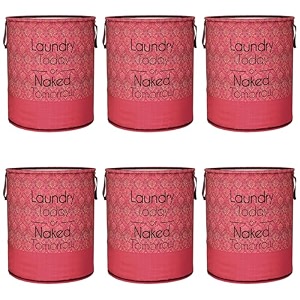 heart home pack of 6 foldable laundry basket for clothes  non-woven round laundry basket  washing clothes storage basket  toy storage organizer  45 ltr  golden-print  maroon
