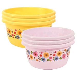 heart home pack of 6 multipurpose bath tub for bathroom  40 liters suitable for indoor and outdoor use  durable tub for washing clothes amp utensils  flower print -yellow amp pink