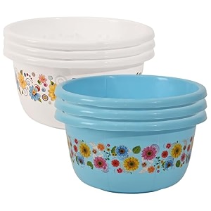 heart home pack of 6 multipurpose bath tub for bathroom  40 liters suitable for indoor and outdoor use  durable tub for washing clothes amp utensils  flower print -white amp blue