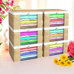 heart home pack of 6 saree covers  foldable storage bag for almirah amp wardrobe  non-woven saree bags 9 inch clothes bag for women white piping sari cover bags  blue