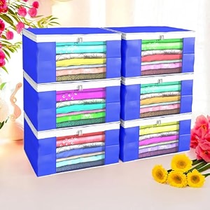 heart home pack of 6 saree covers  foldable storage bag for almirah amp wardrobe  non-woven saree bags 9 inch clothes bag for women white piping sari cover bags  blue
