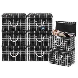 heart home pack of 8 multipurpose storage box for wardrobe with lid amp handle  large space-saving container boxes for storage clothes - ideal for bathroom amp kitchen  check print - black