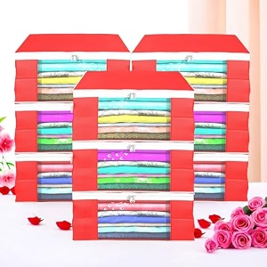 heart home pack of 6 saree covers  foldable storage bag for almirah amp wardrobe  non-woven saree bags 9 inch clothes bag for women white piping sari cover bags  blue