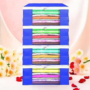 heart home pack of 6 saree covers  foldable storage bag for almirah amp wardrobe  non-woven saree bags 9 inch clothes bag for women white piping sari cover bags  blue