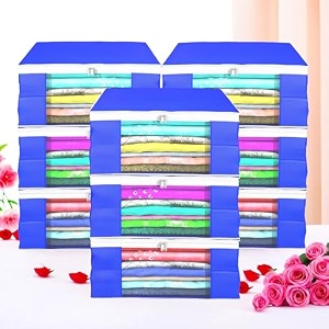 heart home pack of 6 saree covers  foldable storage bag for almirah amp wardrobe  non-woven saree bags 9 inch clothes bag for women white piping sari cover bags  blue