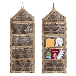 heart home paper holder  foldable hanging organizer  pvc shining leaf design document holder  wall hanging organizer with 3 pocket  pack of 2  golden