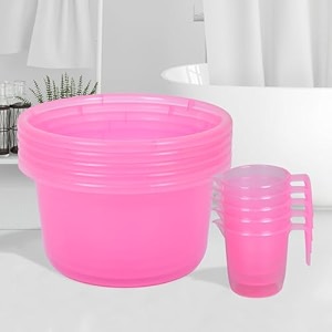 heart home set of 10 bathroom combo set  bathroom set  5 piece tub-25 l amp 5 piece mug-1100 ml bathing set for bathroom  modern bathroom accessories set  transparent pink