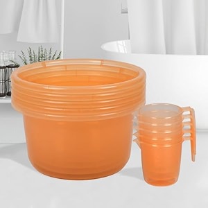 heart home set of 10 bathroom combo set  bathroom set  5 piece tub-25 l amp 5 piece mug-1100 ml bathing set for bathroom  modern bathroom accessories set  transparent orange