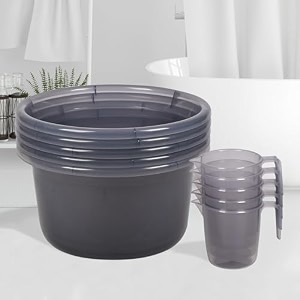 heart home set of 10 bathroom combo set  bathroom set  5 piece tub-25 l amp 5 piece mug-1100 ml bathing set for bathroom  modern bathroom accessories set  transparent gray