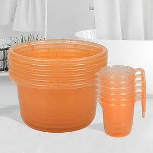 heart home set of 12 bathroom combo set  bathroom set  6 piece tub-25 l amp 6 piece mug-1100 ml bathing set for bathroom  modern bathroom accessories set  transparent orange