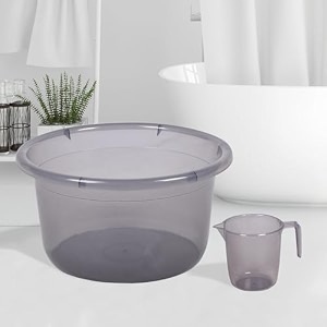 heart home set of 2 bathroom combo set  bathroom set  tub-25 l amp mug-1100 ml bathing set for bathroom  modern bathroom accessories set  transparent gray
