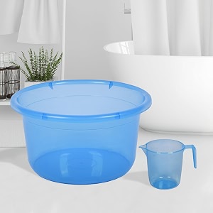 heart home set of 2 bathroom combo set  bathroom set  tub-25 l amp mug-1100 ml bathing set for bathroom  modern bathroom accessories set  transparent blue