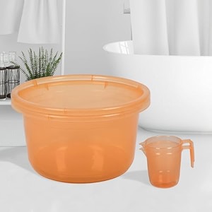 heart home set of 4 bathroom combo set  bathroom set  2 piece tub-25 l amp 2 piece mug-1100 ml bathing set for bathroom  modern bathroom accessories set  transparent orange