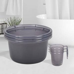 heart home set of 6 bathroom combo set  bathroom set  3 piece tub-25 l amp 3 piece mug-1100 ml bathing set for bathroom  modern bathroom accessories set  transparent gray
