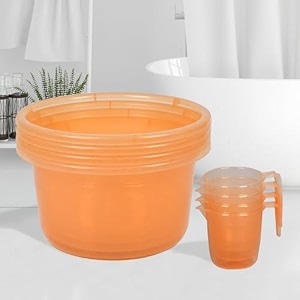 heart home set of 8 bathroom combo set  bathroom set  4 piece tub-25 l amp 4 piece mug-1100 ml bathing set for bathroom  modern bathroom accessories set  transparent orange