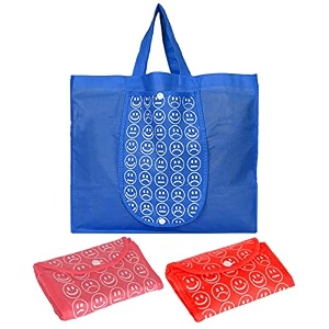 heart home smiley printed eco friendly foldable reusable non-woven shopping grocery bag with one small pocket- pack of 3 blue amp red amp pink -45lughh0202