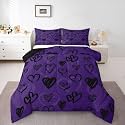 Heart Shaped Kids Bedding Sets Abstract Art Hand Draw Black Reversible Comforter for Boys Valentine's Day Purple Quilt Set Soft Duvet Insert,1 Pillowcase Toddler Size