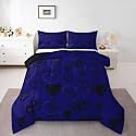 Heart Shaped Kids Bedding Sets Abstract Art Hand Draw Black Reversible Comforter for Boys Valentine's Day Dark Blue Quilt Set Soft Duvet Insert,1 Pillowcase Toddler Size