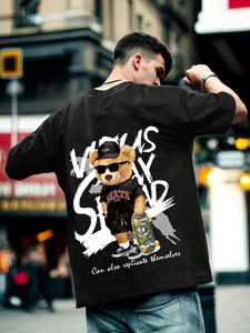 Heartees Cartoon Men Round Neck Black T-Shirt