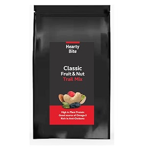 hearty bite classic dry fruits and nut trail mix  roasted almonds cashew nuts pistachios pumpkin seeds with cranberries black raisins  trail mix - on the go healthy snacks 360g pouch