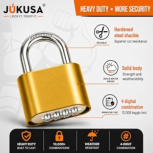 heavy duty 4-digit combination brass padlock  hardened steel shackle weatherproof security lock  sun amp water resistant lock for gates locker shed amp storage gold