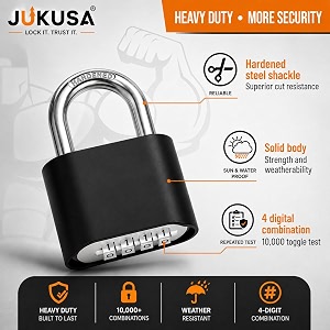 heavy duty 4-digit combination steel padlock with hardened steel shackle weatherproof security for gates lockers sheds amp storage sun amp water resistant black