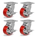 Heavy Duty Casters, 4'' Industrial Caster Wheels, Polyurethane Locking Casters Set of 4-3200lbs Capacity