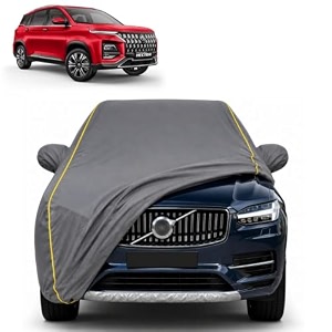 hector 100 waterproof car cover  dustproof sun protection cover  soft cotton lining  triple stitched  mirror pocket  antenna pocket  all weather body cover grey with yellow piping