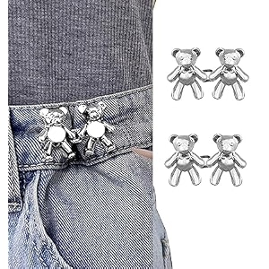 pant waist tightener adjustable waist buckle set extra button for jeans to make tighter instant jeans button pins for pants jeans skirts 2 silver teddy bear