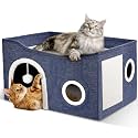 Heeyoo Cat House for Indoor Cats - Large Cat Bed Cave with Fluffy Ball and Scratch Pad, Foldable Cats Houses &amp; Condos, Cat Hideaway, Covered Kitty Bed for Multi Small Large Kitty, 23.8x15.9x13.2 Inch