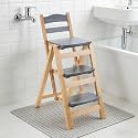 Height Foldable Stool Tall Stool,Solid Wood Folding Bar Stool,3 Step Indoor Ladder Stools,3 Step Multifunction Portable Adults Solid Wood Ladder Stools for Adults Kitchen Outdoor(Gray)