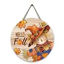 Hello Fall Autumn Scarecrow Door Sign for Porch Pumpkins Maple Leaf Wood Hangers Farmhouse Door Sign for Front Door Decor Seasonal Home Decorations Autumn Wall Hanger Sign