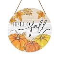 Hello Fall Welcome Sign Door Sign 12"x12" Fall Door Decorations Hanging Sign Farmhouse Pumpkin Round Wooden Sign for Home Front Door Wall Porch Yard Garden