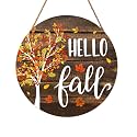 Hello Fall Wreath for Front Door Fall Tree Welcome Door Sign 12x12 Inch Autumn Maple Leaves Wood Door Hanger Farmhouse Thanksgiving Hanging Plaque for Home Porch Wall Indoor Outdoor Decorations