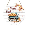 Hello Fall Wreath for Front Door Fall Truck Welcome Door Sign 12x12 Inch Autumn Maple Leaf Pumpkin Wood Door Hanger Farmhouse Thanksgiving Hanging Plaque for Home Porch Wall Indoor Outdoor Decorations