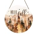 Hello Fall Wreath for Front Door Outside Autumn Thanksgiving Welcome Sign Fall Forest Trees Wood Door Hanger 12x12 Inch Rustic Farmhouse Indoor Outdoor Decor for Home Porch Wall Hanging Plaque