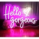 Hello Gorgeous Neon Signs Pink LED Light Hello Beautiful Wall Art Gift for Home Decoration Wedding Birthday Backdrop Bacelorette Party Wth Dimmable Switch(5V,16.5X11inches)