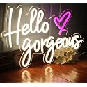 Hello Gorgeous Neon Signs White LED Light Hello Beautiful Wall Art Gift for Home Decoration Wedding Birthday Backdrop Bacelorette Party Wth Dimmable Switch(5V,16.5X11inches)
