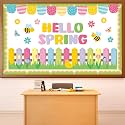 Hello Spring Bulletin Board Decorations Set Spring Classroom Decor Colorful Tulip Flowers Bee Butterfly Cute Paper Cutouts for School Classroom Office Home Nursery Chalkboard Wall Decor Party Supplies