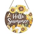 Hello Summer Sign 12 x 12 Inch Summer Themed Sunflower Welcome Sign Front Door Decor Farmhouse Porch Decoration Sunflower Round Wooden Hanging Sign for Home Garden Farmhouse Yard