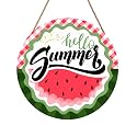 Hello Summer Watermelon Door Sign Front Door Decor Summer Watermelon Door Hanger Sign Plaque Seasonal Farmhouse Wooden Wreath Indoor Wall Hanging Decoration for Indoor Outdoor Outside Porch 12 Inch